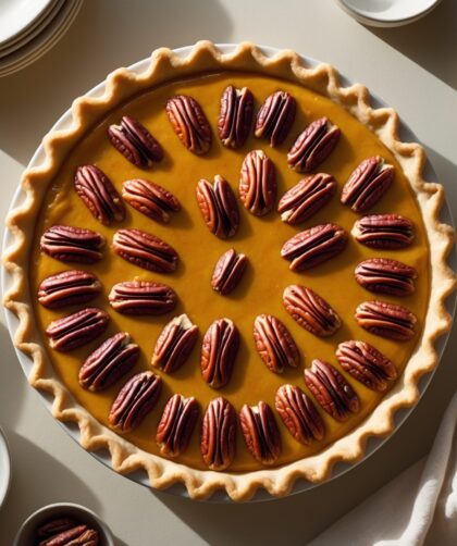 Martha Stewart-Inspired Pumpkin Pecan Pie ready to serve