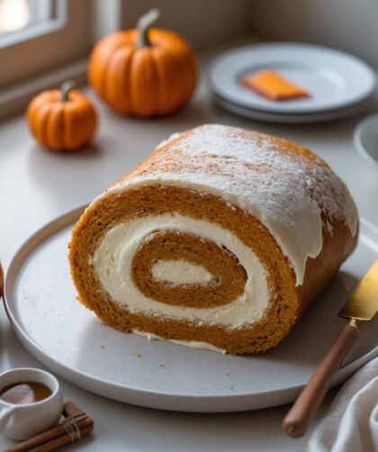 Martha Stewart-Inspired Pumpkin Roll ready to serve