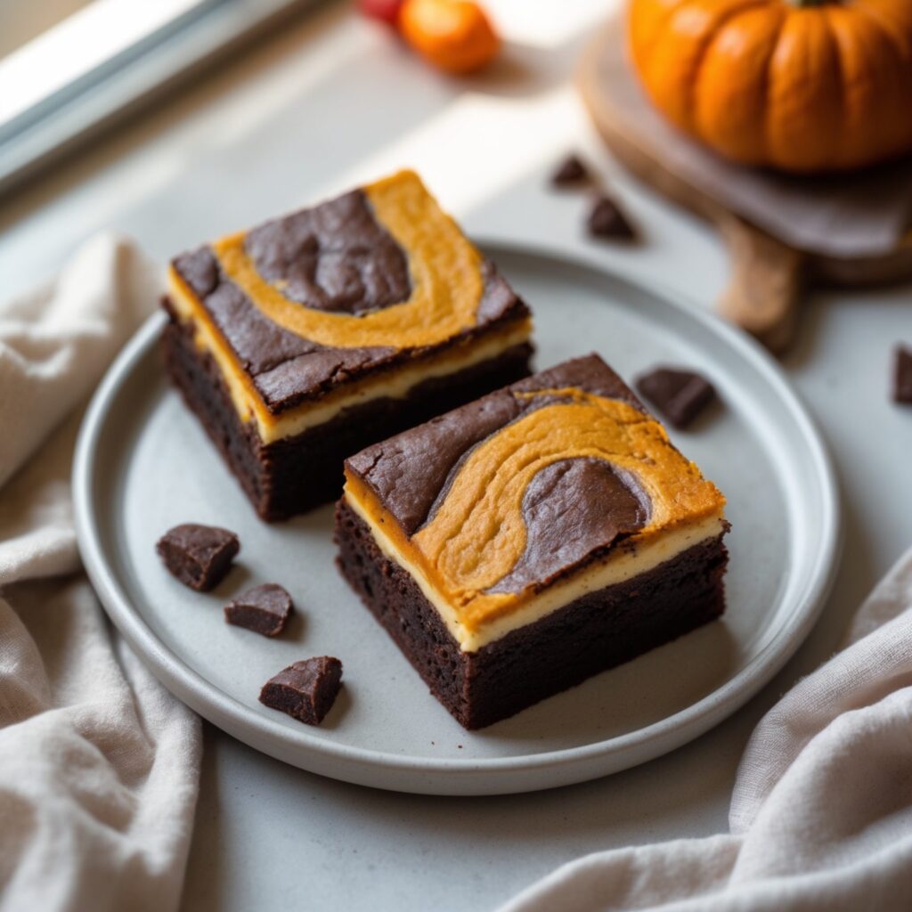 Martha Stewart-Inspired Pumpkin Swirl Brownies ready to serve