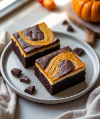 Martha Stewart-Inspired Pumpkin Swirl Brownies ready to serve