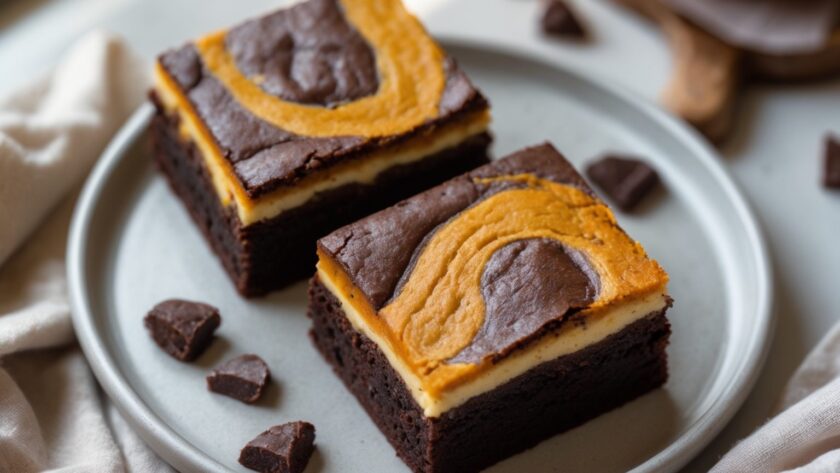 Martha Stewart-Inspired Pumpkin Swirl Brownies ready to serve