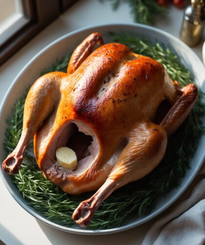 Martha Stewart-Inspired Roasted Turkey ready to serve