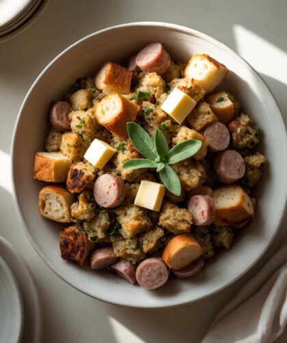 Martha Stewart-Inspired Sausage Stuffing ready to serve