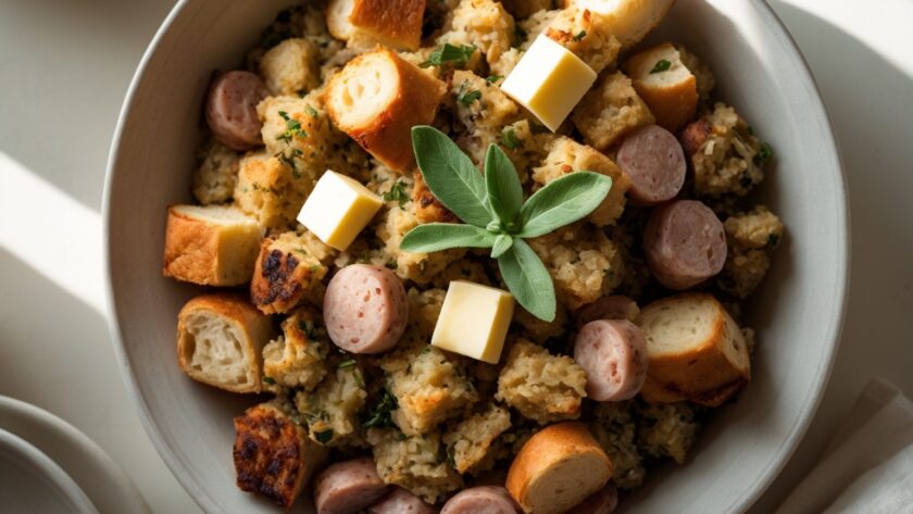 Martha Stewart-Inspired Sausage Stuffing ready to serve