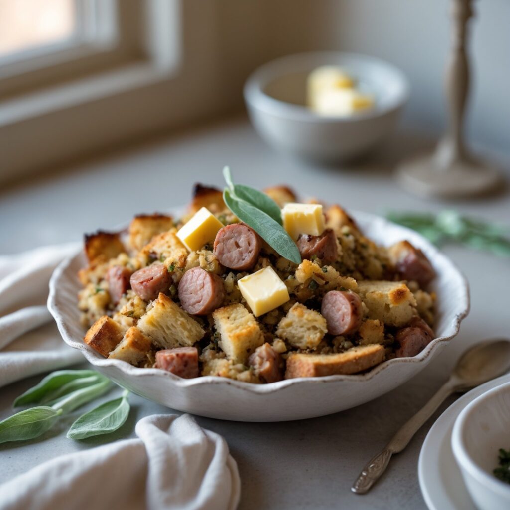 Close-up of Martha Stewart-Inspired Sausage Stuffing showing its texture