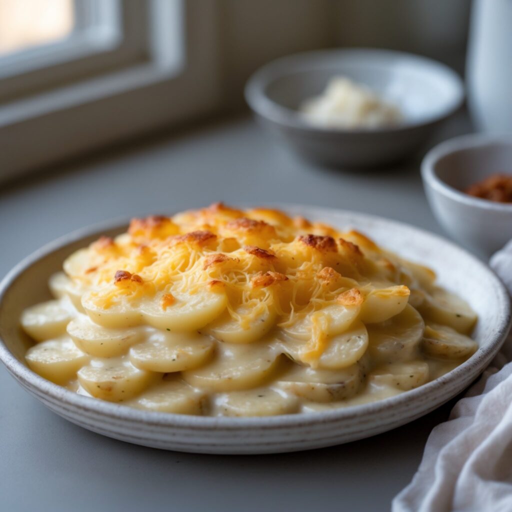 Close-up of Martha Stewart-Inspired Scalloped Potatoes showing its texture