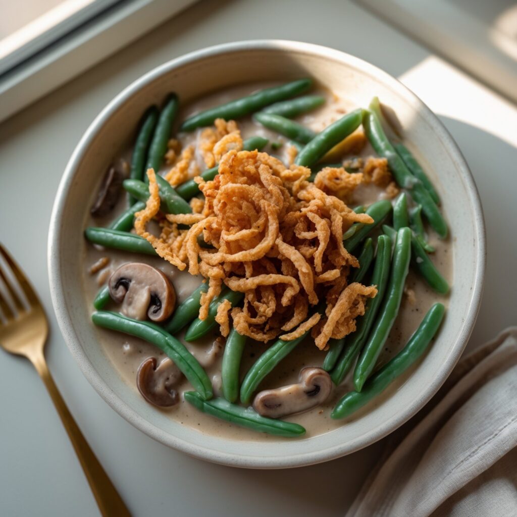 Martha Stewart-Inspired String Bean Casserole ready to serve