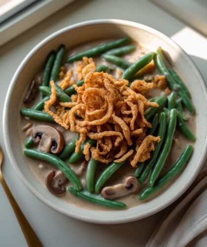 Martha Stewart-Inspired String Bean Casserole ready to serve