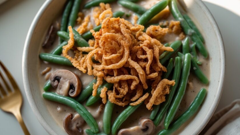 Martha Stewart-Inspired String Bean Casserole ready to serve