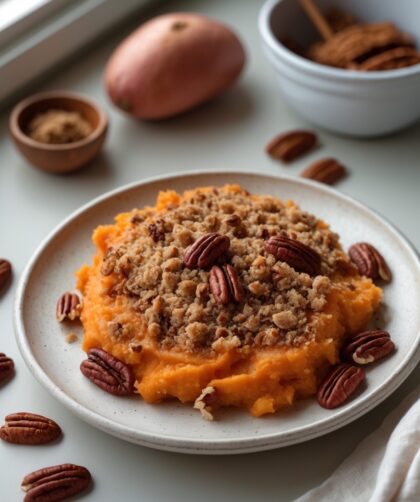 Martha Stewart-Inspired Sweet Potatoes Casserole with Pecan Topping ready to serve