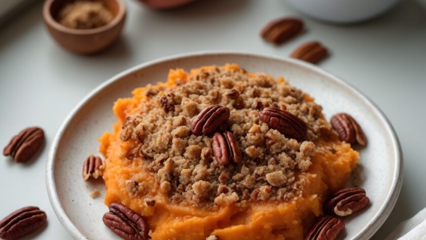 Martha Stewart-Inspired Sweet Potatoes Casserole with Pecan Topping ready to serve
