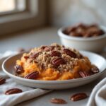 Close-up of Martha Stewart-Inspired Sweet Potatoes Casserole with Pecan Topping showing its texture
