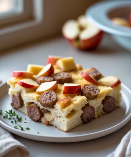 Martha Stewart-Inspired Thanksgiving Breakfast Casserole ready to serve