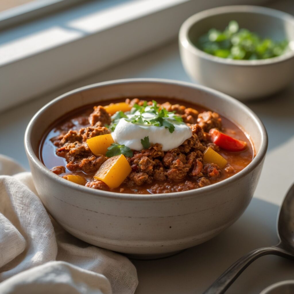 Close-up of Martha Stewart-Inspired Turkey Chili showing its texture