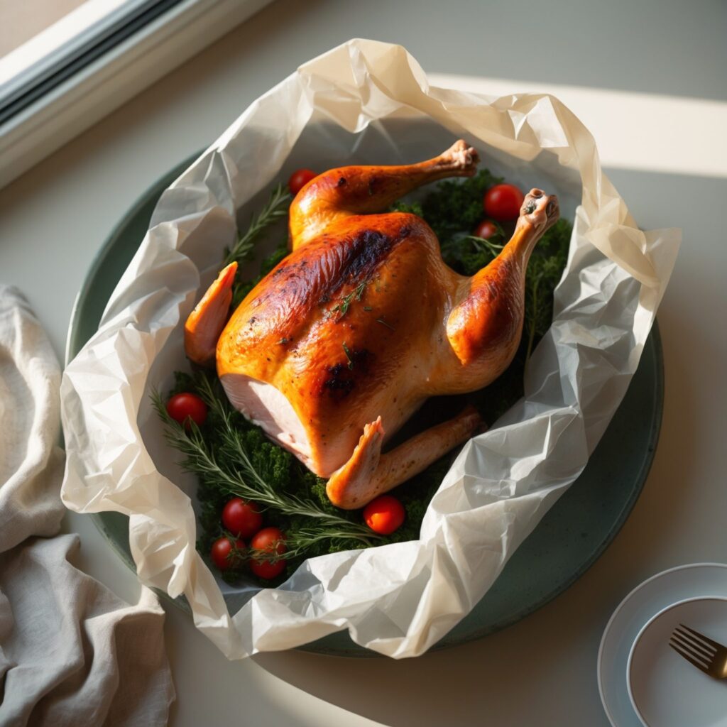 Martha Stewart-Inspired Turkey in Parchment Paper ready to serve