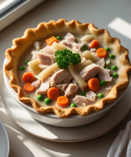 Martha Stewart-Inspired Turkey Pot Pie ready to serve