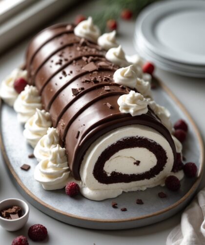 Martha Stewart-Inspired Yule Log Cake ready to serve