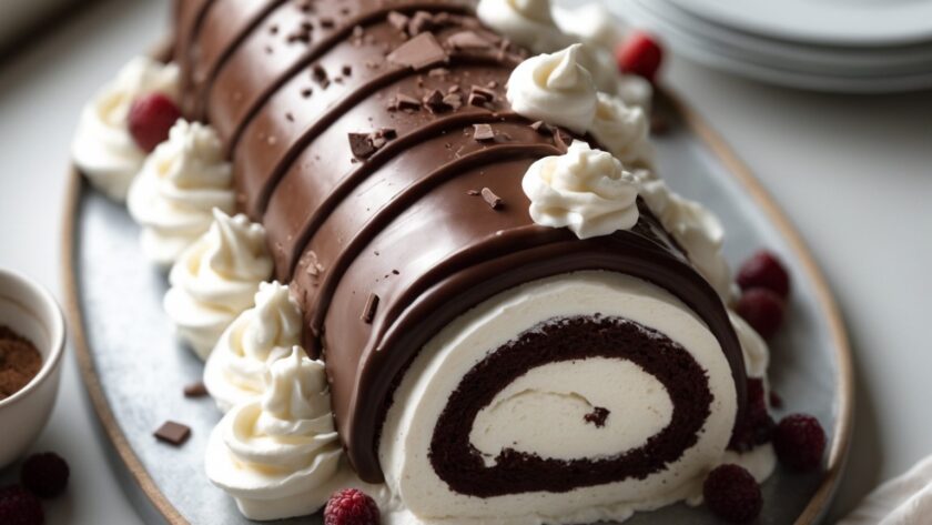 Martha Stewart-Inspired Yule Log Cake ready to serve